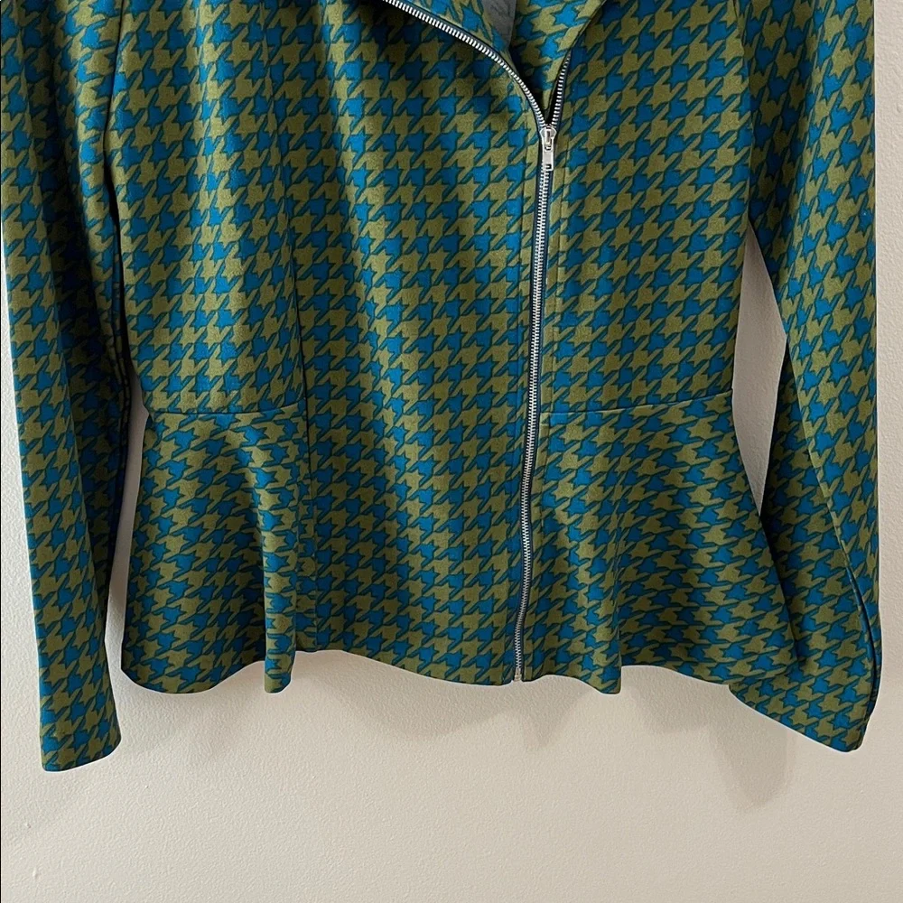 K Jordan Moto Houndstooth Blazer Jacket Top Size Small Green Blue lightweight